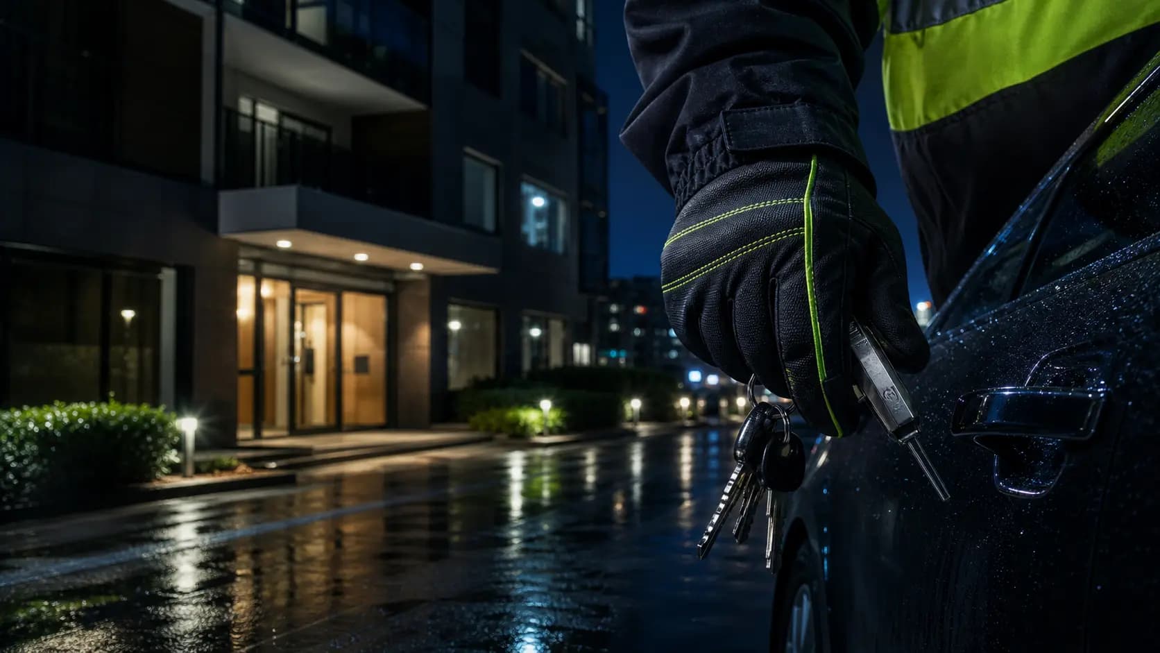 Locksmith responding to a nighttime vehicle lockout